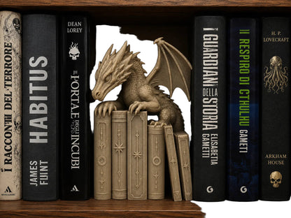 Drachenfigur auf einem Stapel alter Bücher als Bücherregal-Einsatz