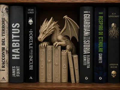 Drachenfigur auf einem Stapel alter Bücher als Bücherregal-Einsatz – Ansicht 2