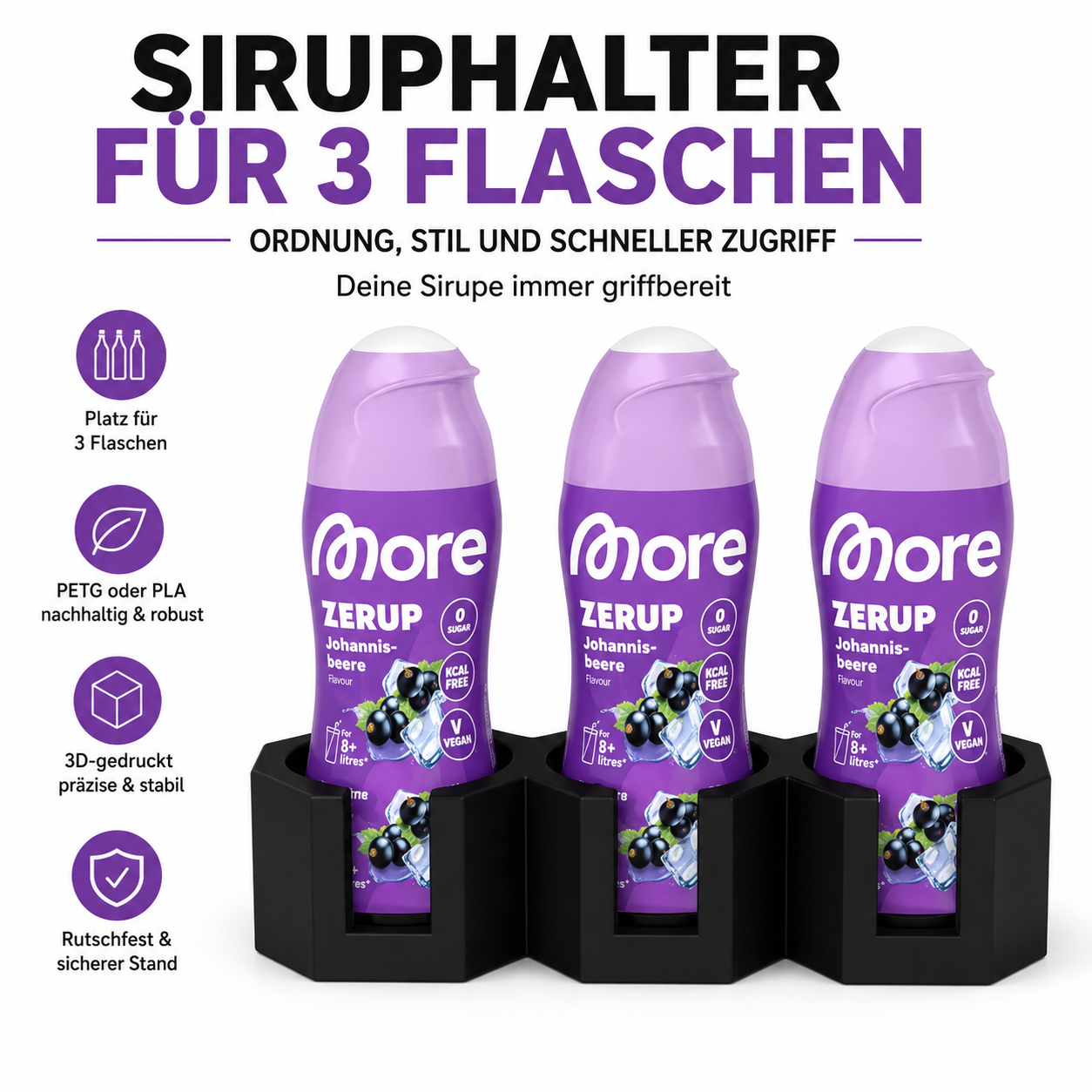 Siruphalter 2er Set für More Zerup Flaschen – 3D-gedruckter Flaschenhalter für je 3 Flaschen – Organizer für Getränkesirup, Kaffeesirup & Zerup