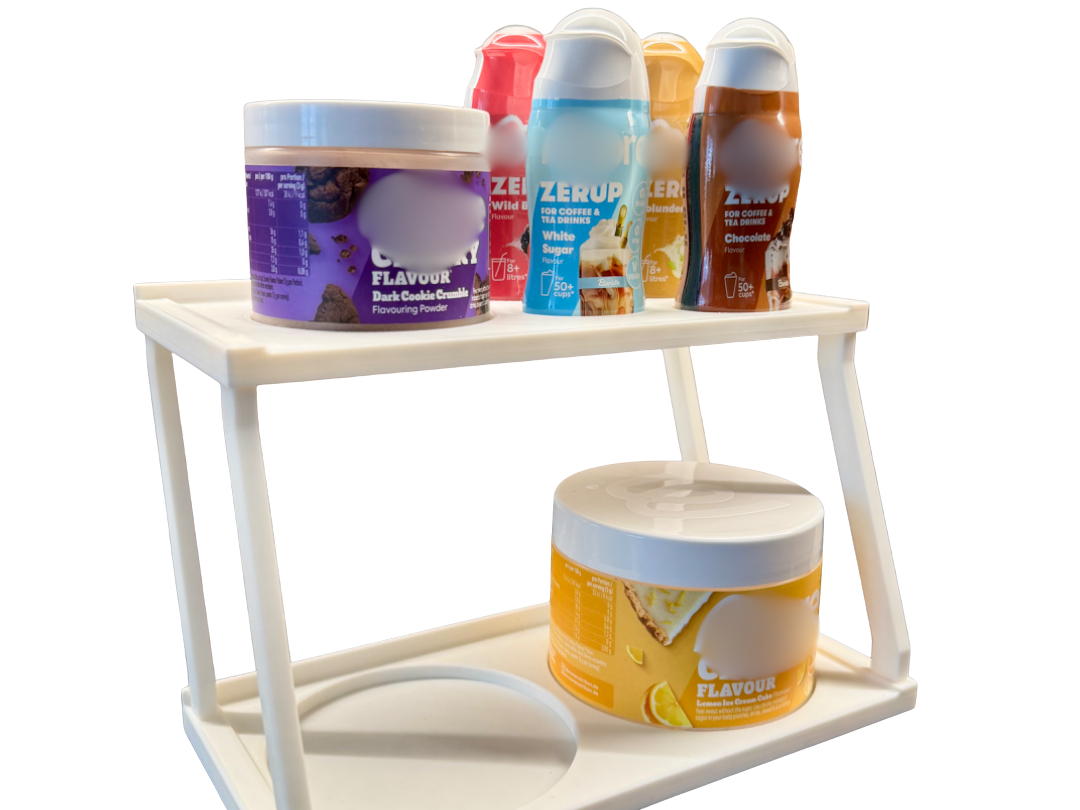 Modernes 3D-Gedrucktes Regal  für 3 Chunky Flavours & 4 Sirups – kompatibel mit More Nutrition - Aufbewahrung Ordnung (Weiß)
