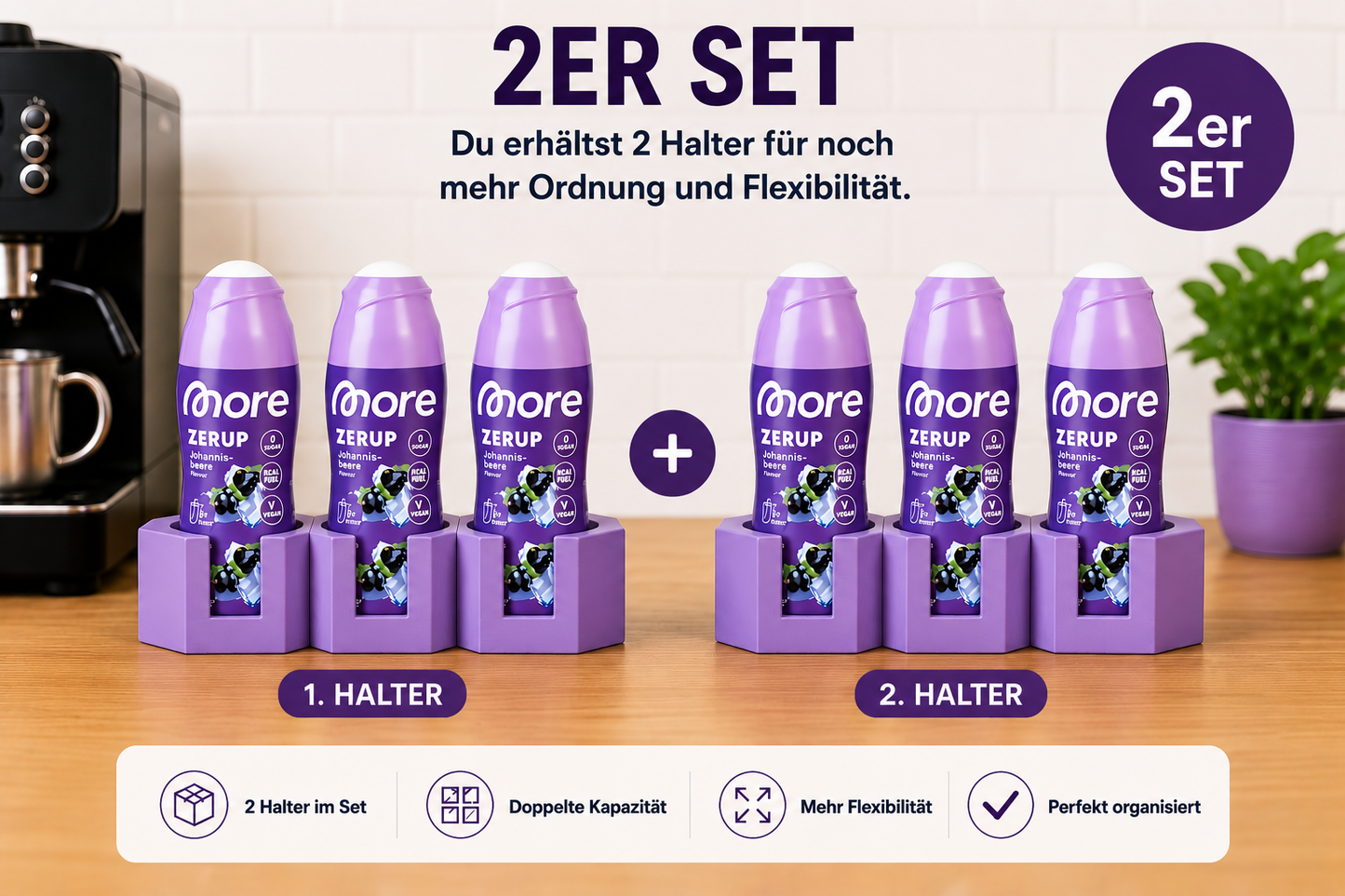 Siruphalter 2er Set für More Zerup Flaschen – 3D-gedruckter Flaschenhalter für je 3 Flaschen – Organizer für Getränkesirup, Kaffeesirup & Zerup