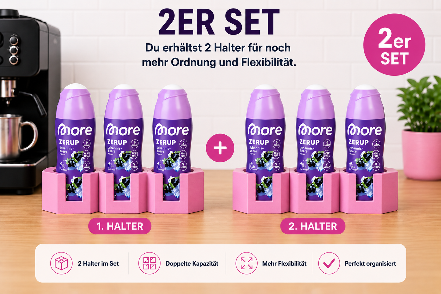 Siruphalter 2er Set für More Zerup Flaschen – 3D-gedruckter Flaschenhalter für je 3 Flaschen – Organizer für Getränkesirup, Kaffeesirup & Zerup