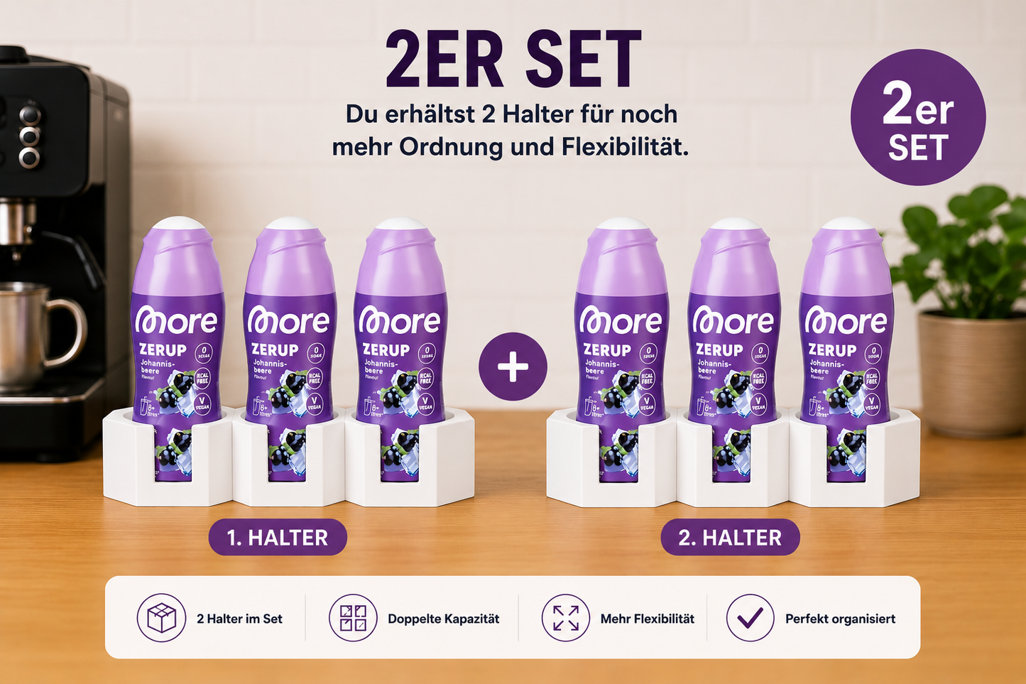 Siruphalter 2er Set für More Zerup Flaschen – 3D-gedruckter Flaschenhalter für je 3 Flaschen – Organizer für Getränkesirup, Kaffeesirup & Zerup