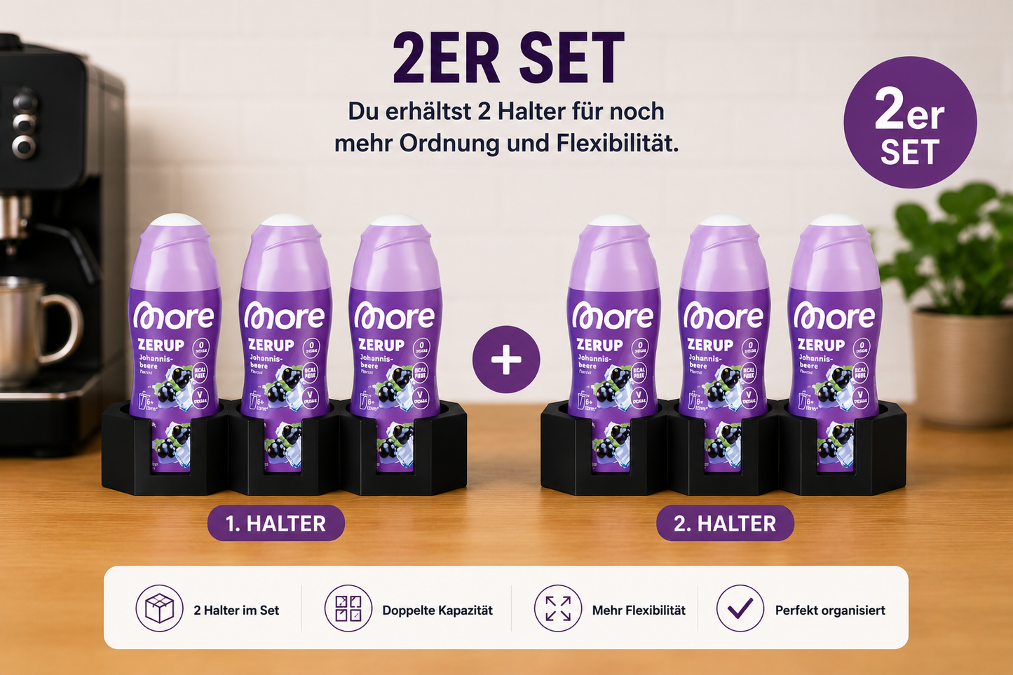 Siruphalter 2er Set für More Zerup Flaschen – 3D-gedruckter Flaschenhalter für je 3 Flaschen – Organizer für Getränkesirup, Kaffeesirup & Zerup