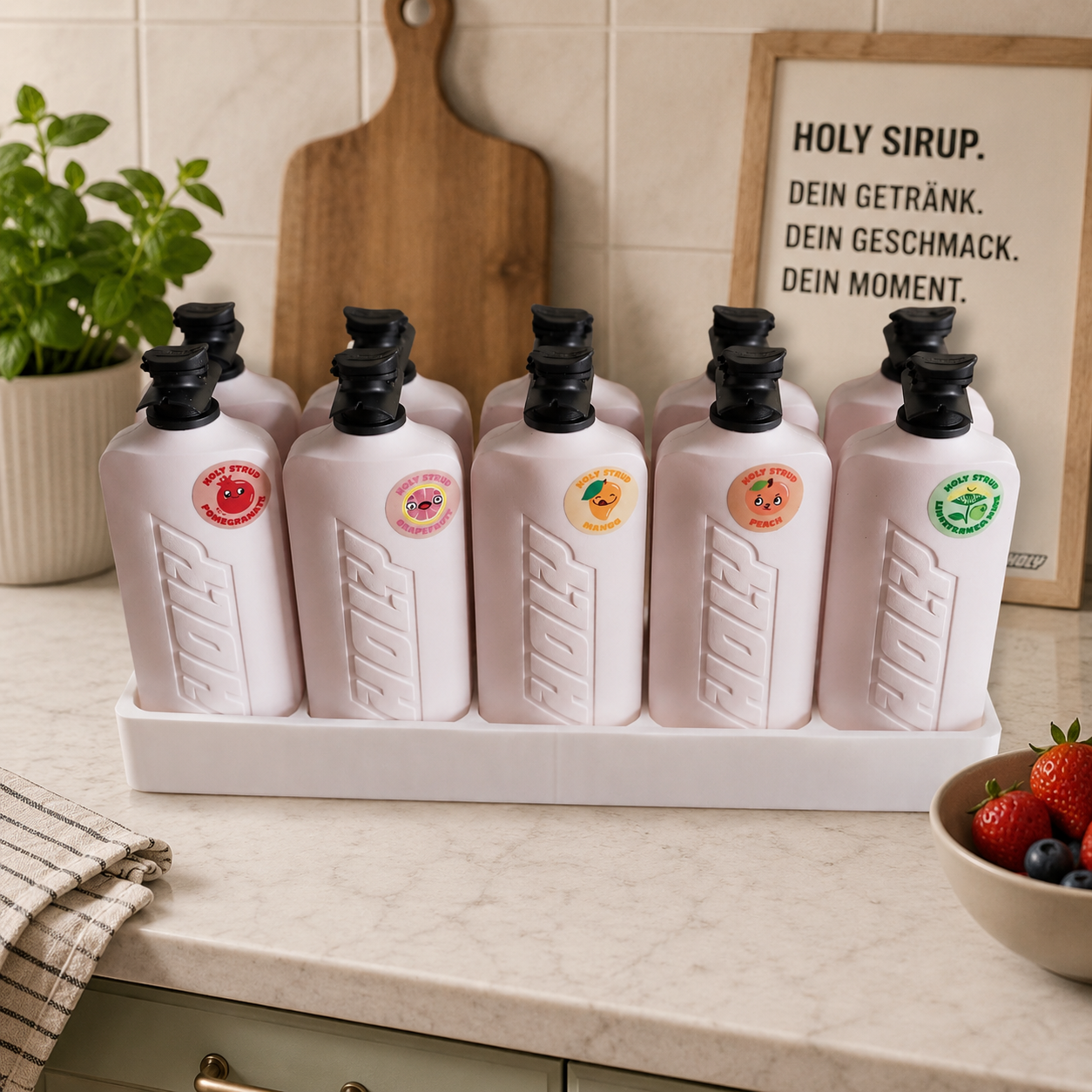 Halter für 10 Flaschen HOLY Sirup  – Moderner Organizer & Aufbewahrung für Getränkesirup – Passend für HOLY Sirup Flaschen – Küchen Organizer für Kaffee Bar, Gaming Setup & Fitness Ecke – Weiß
