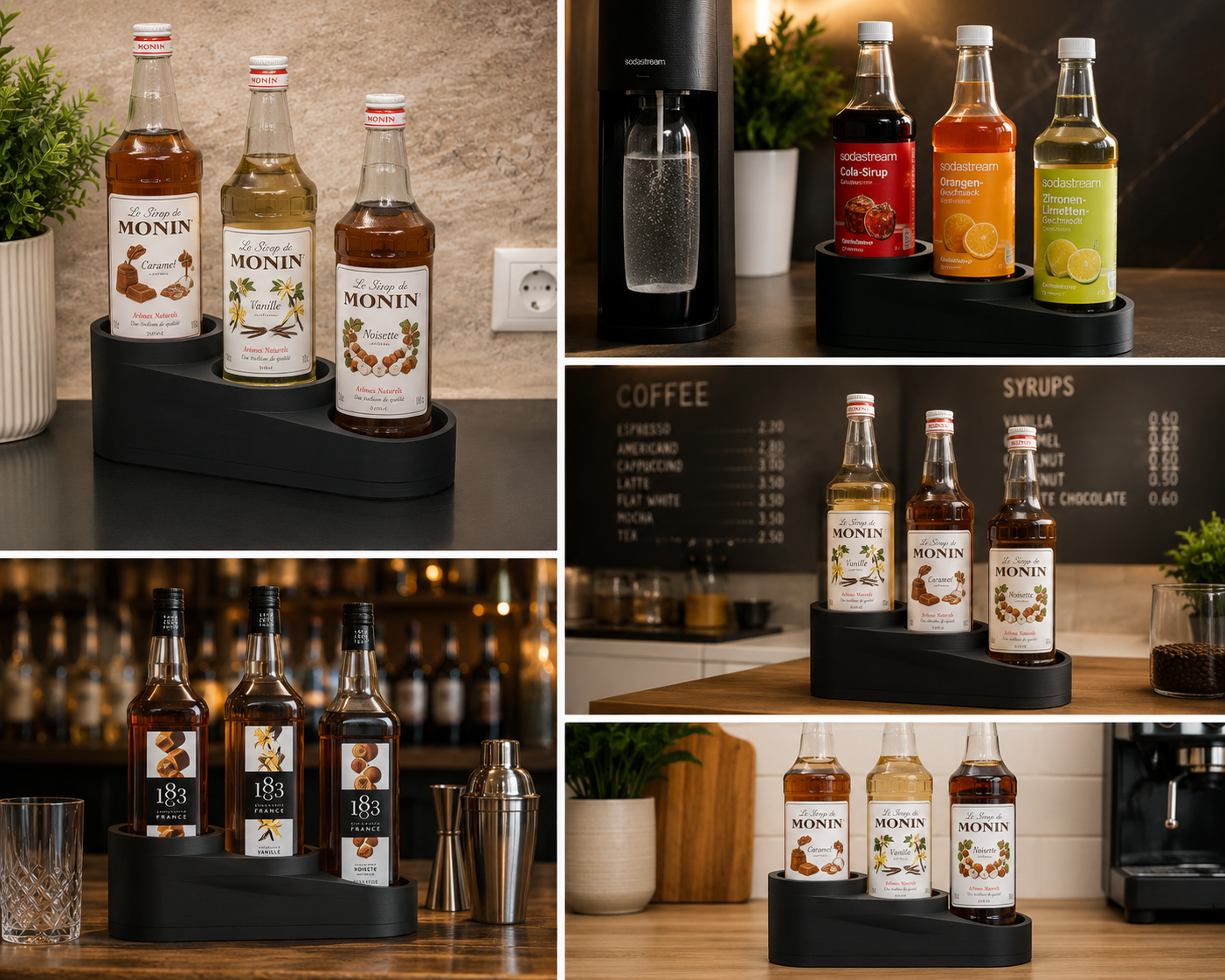Sirup Halter für 1L Flaschen – Passend für Monin, SodaStream, Best Body, Coffee Syrup & Getränkesirup – Moderner Flaschen Organizer für Küche, Coffee Bar & Getränkestation – 3D Gedruckt